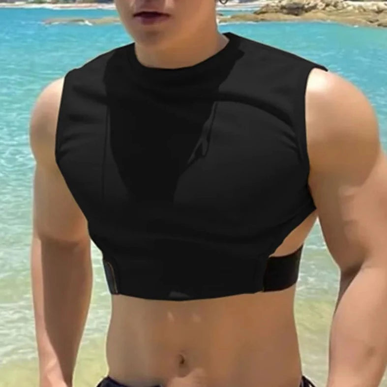 a hot gay man in black Men's Designer Hollow Out Crop Tops | Gay Crop Tops & Clubwear - pridevoyageshop.com - gay crop tops, gay casual clothes and gay clothes store