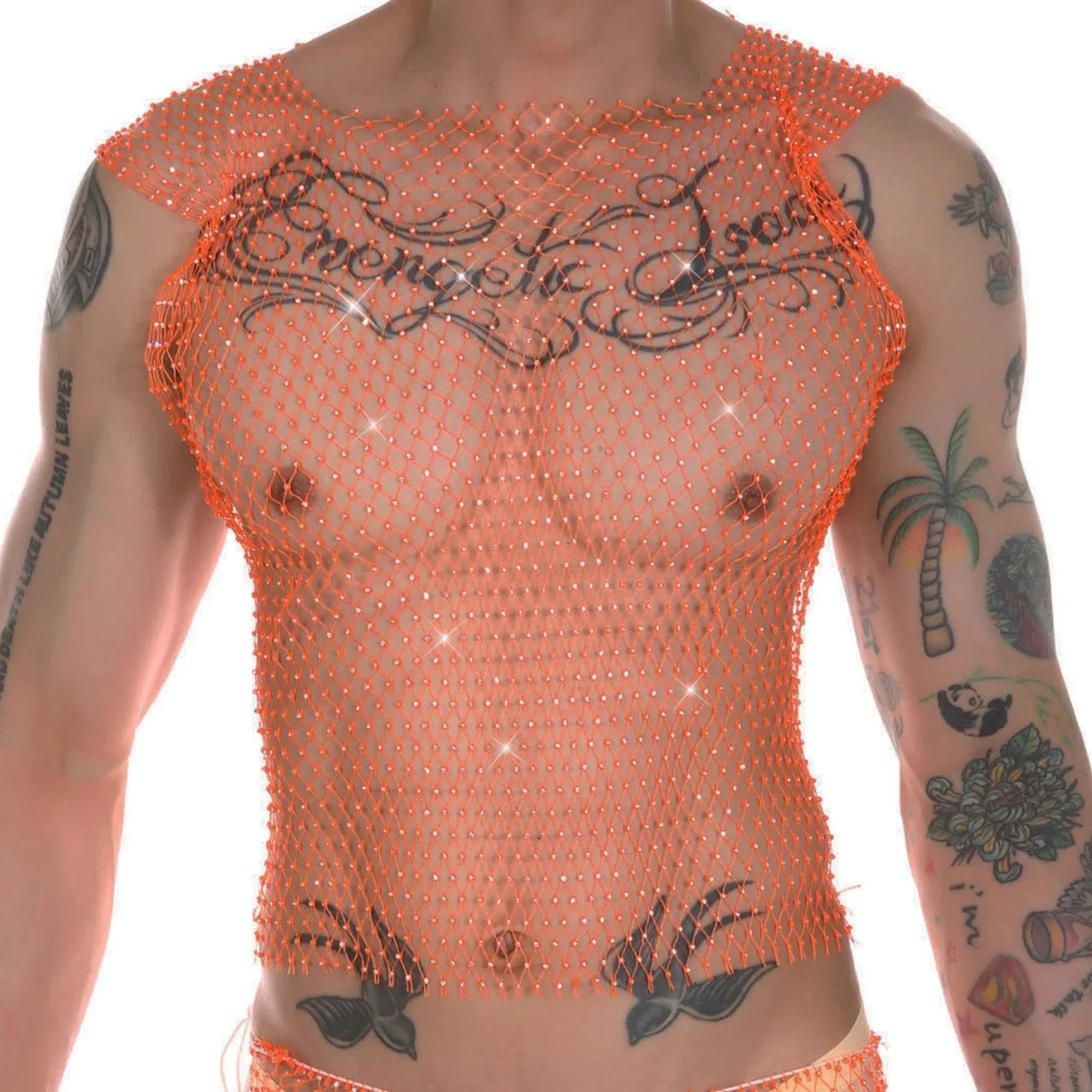 a hot gay man in orange Mens Rhinestone Shiny Mesh Tank Top - pridevoyageshop.com - gay costumes, men role play outfits, gay party costumes and gay rave outfits