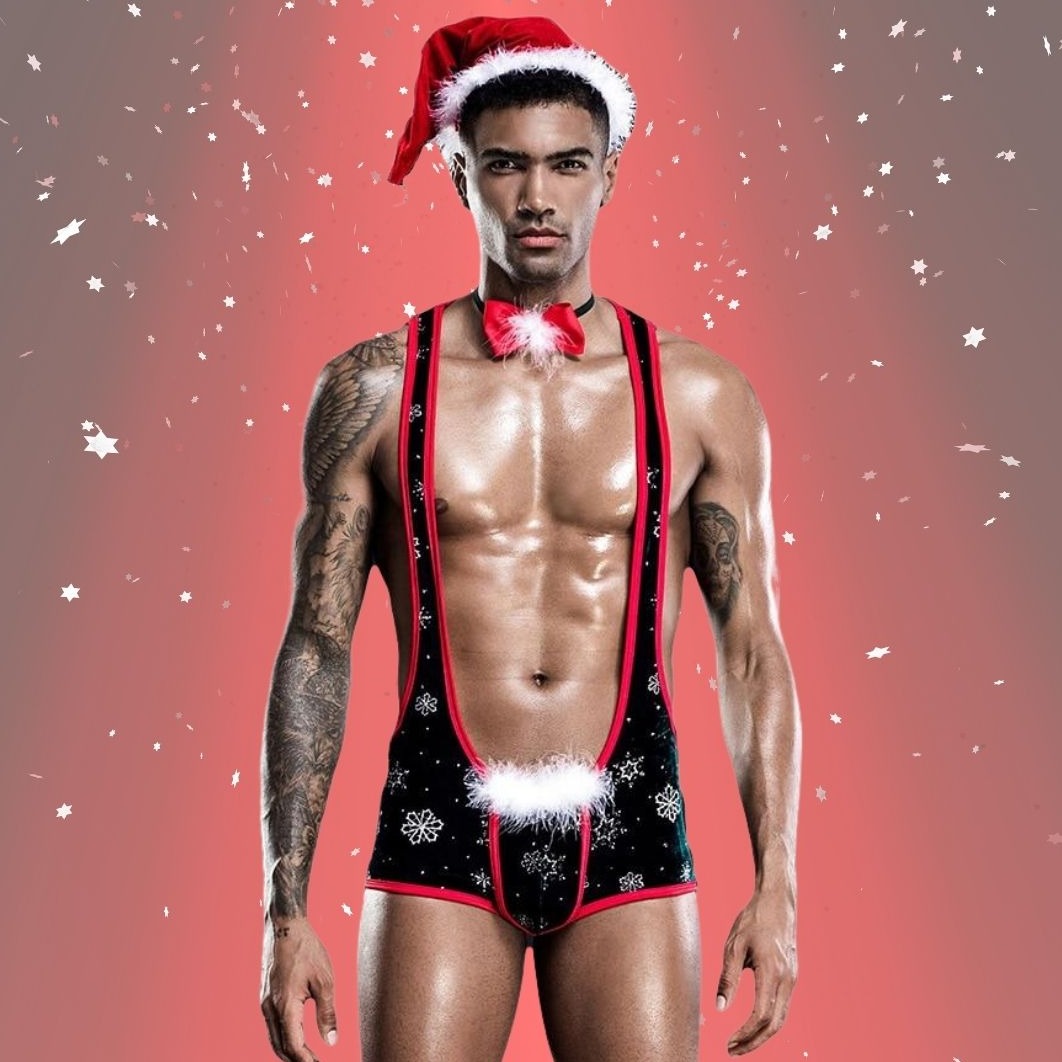 sexy gay man in Gay Singlet and Bodysuit | Gay Christmas 3-Piece Singlet Set - Men's Singlets, Bodysuits, Rompers & Jumpsuits - pridevoyageshop.com