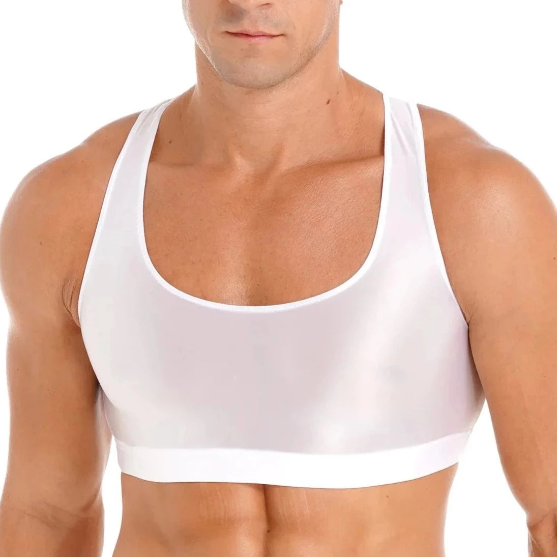 a sexy gay man in white Men's Sleevless Y Back Crop Top | Gay Crop Tops & Sports Wear - pridevoyageshop.com - gay crop tops, gay casual clothes and gay clothes store