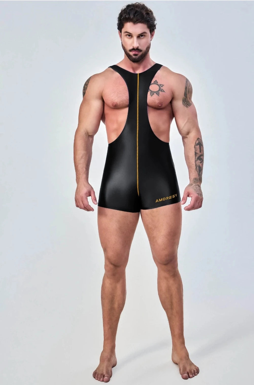 a sexy gay man in black Glossy Bodybuilder Singlets - Men's Singlets, Bodysuits, Rompers & Jumpsuits - pridevoyageshop.com