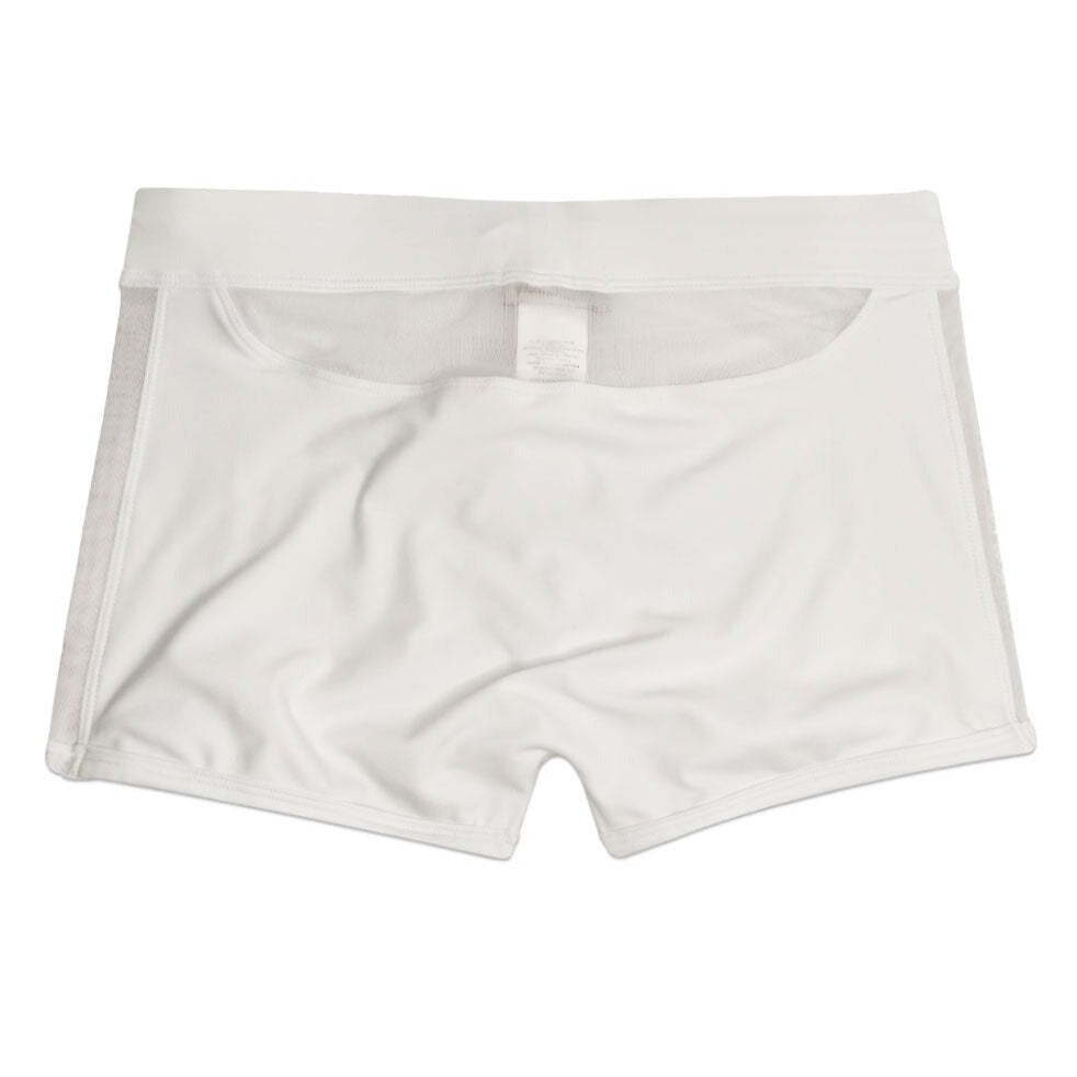 details of white Gay Swimwear & Beachwear | Cheeky Men's See Thru Swim Trunks - pridevoyageshop.com - gay men’s underwear and swimwear