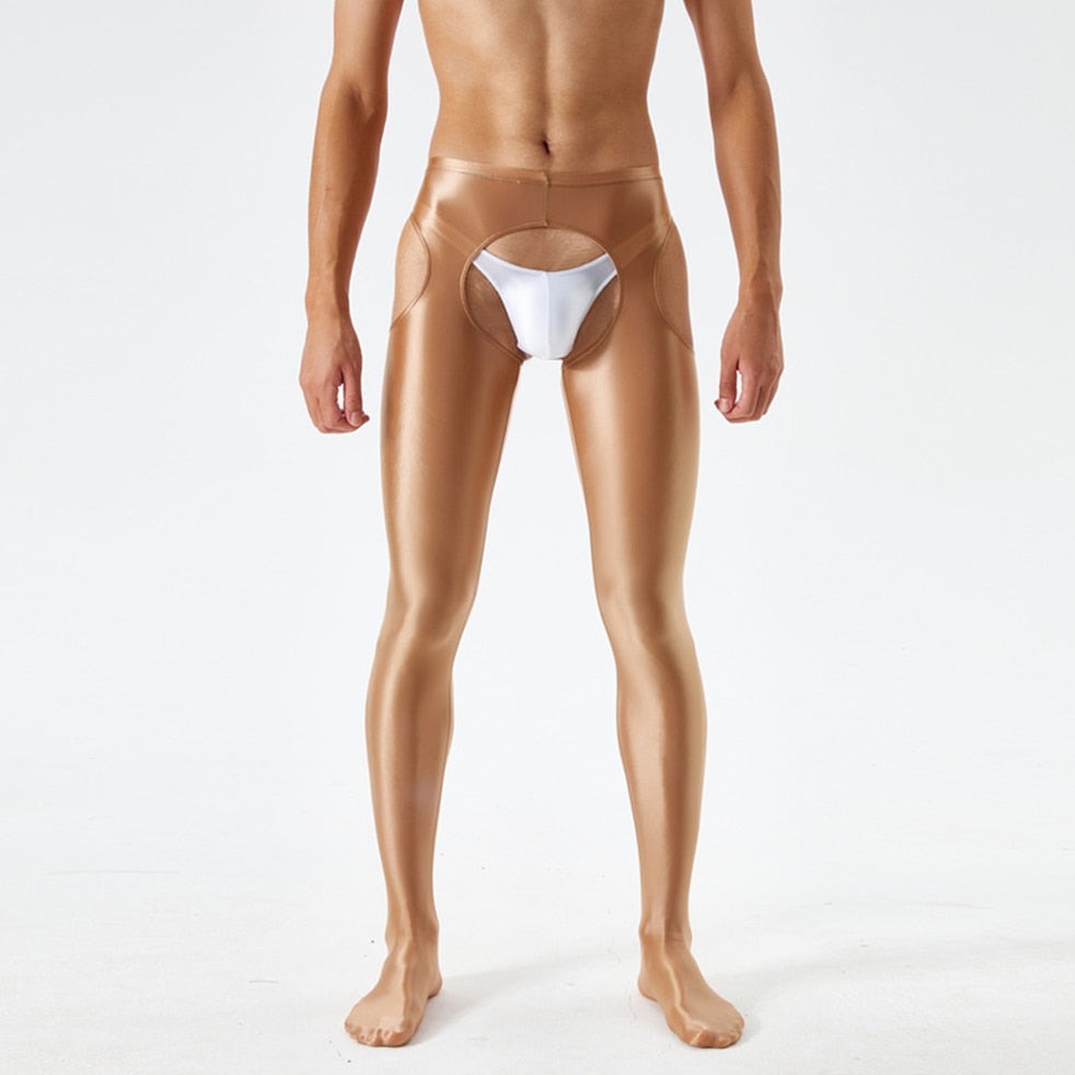 sexy gay man in brown Men's Shiny Metallic Crotchless Pantyhose | Gay Lingerie - pridevoyageshop.com - gay men’s bodystocking, lingerie, fishnet and fetish wear