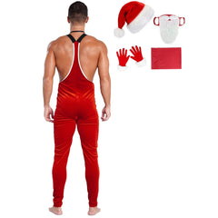 a sexy man in Santa’s Naughty Helper Jumpsuit Costume - pridevoyageshop.com - gay costumes, men role play outfits, gay party costumes and gay rave outfits