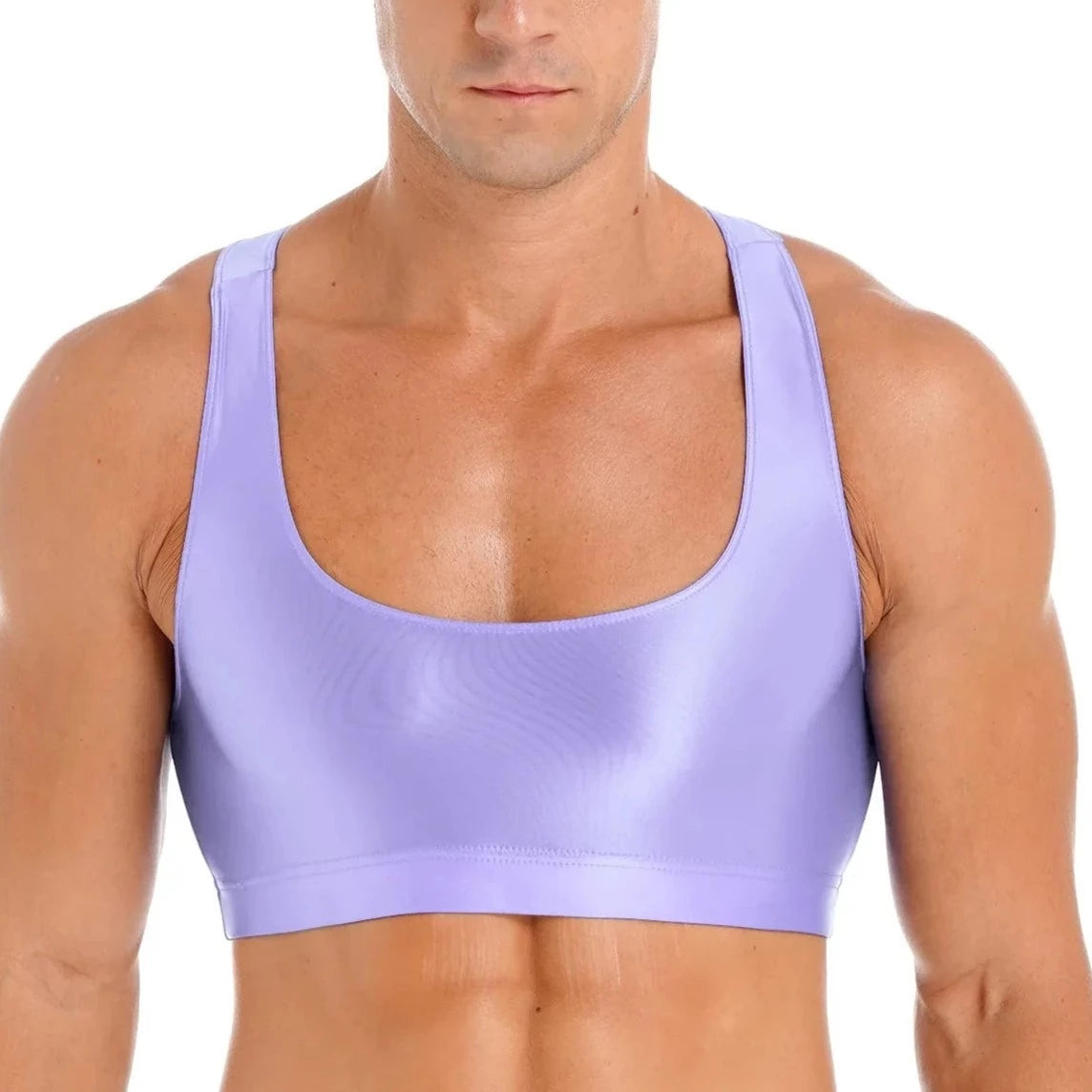 a sexy gay man in light purple Men's Glossy Sports Crop Top | Gay Crop Tops & Sports Wear - pridevoyageshop.com - gay crop tops, gay casual clothes and gay clothes store