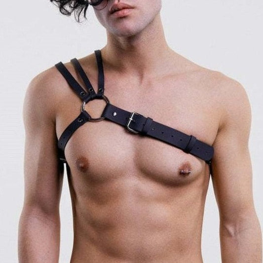 Three-Strap Gladiator Chest Harness: Men's Leather Lingerie and Clubwear- pridevoyageshop.com - gay men’s harness, lingerie and fetish wear