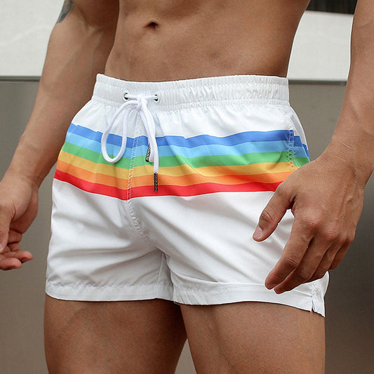 sexy gay man in white Gay Shorts | Men's Rainbow Gym Shorts - Men's Activewear, gym short, running shorts- pridevoyageshop.com