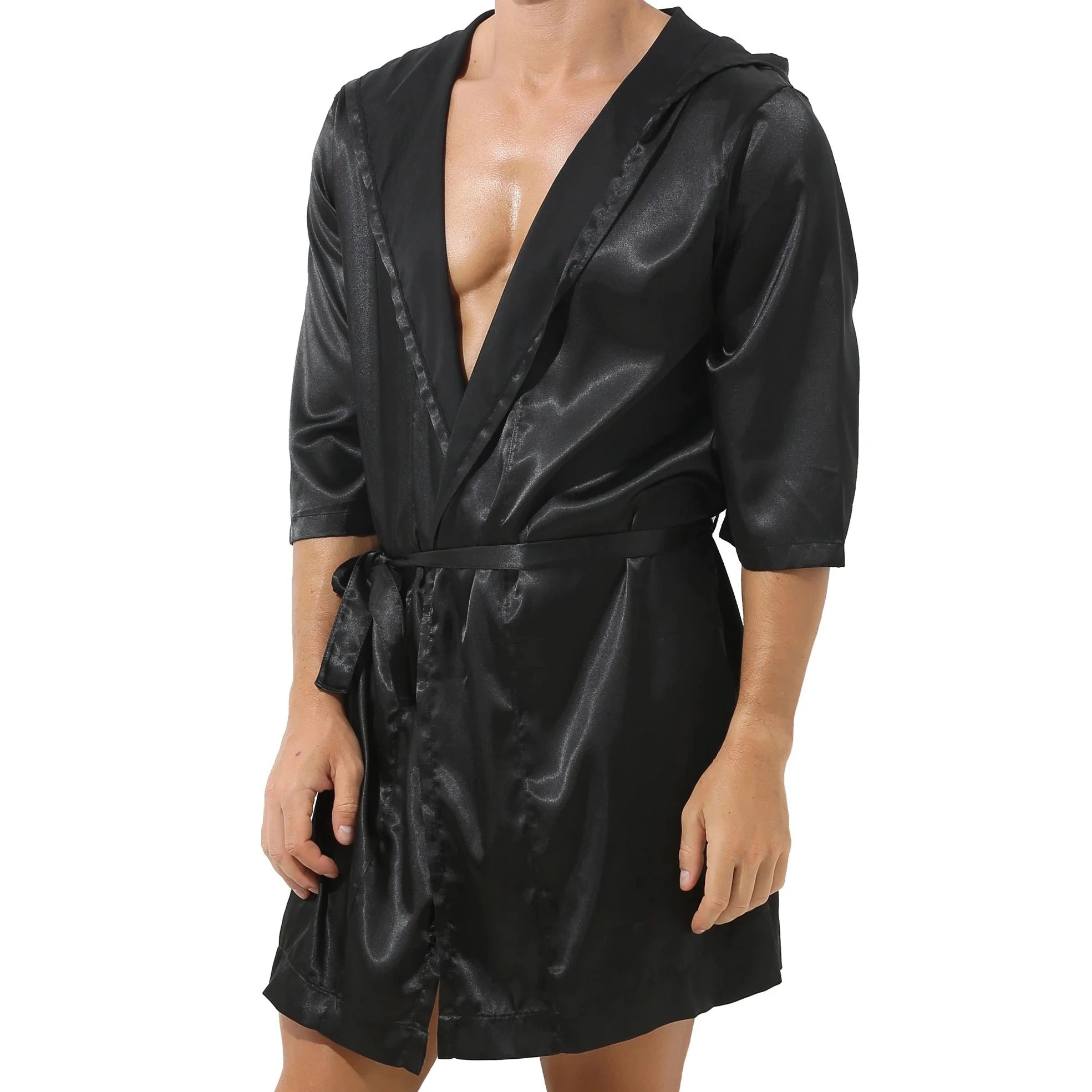 a hot guy in black Men's Silk Hooded Robe + Boxers - pridevoyageshop.com - gay men’s underwear and swimwear