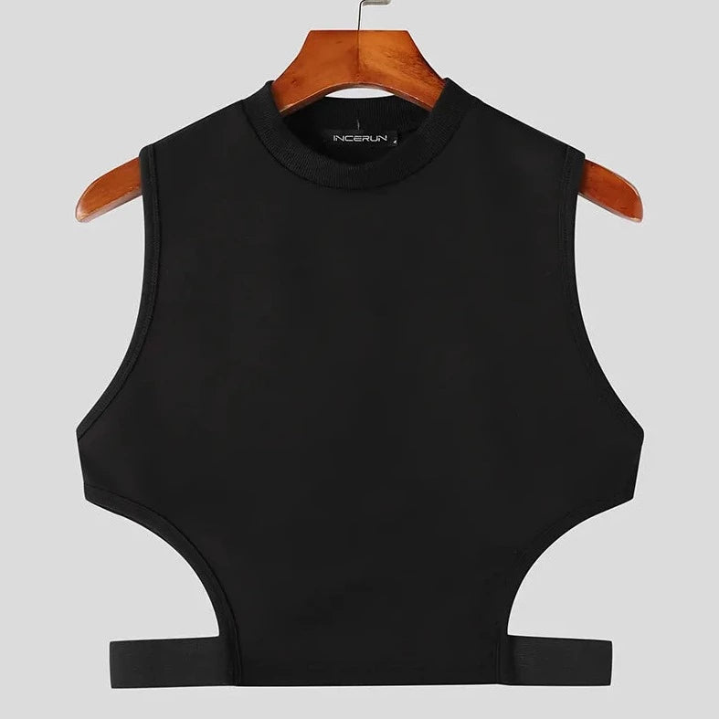 black Men's Designer Hollow Out Crop Tops | Gay Crop Tops & Clubwear - pridevoyageshop.com - gay crop tops, gay casual clothes and gay clothes store