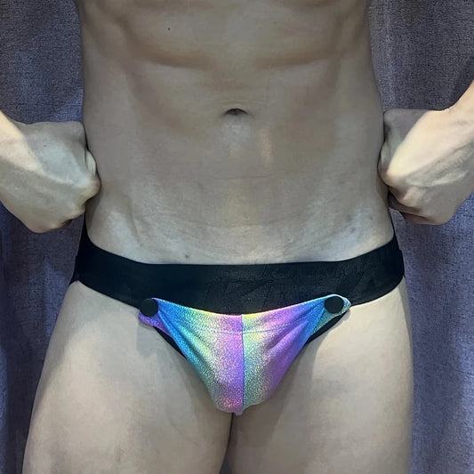 a hot gay man in rainbow Jockmail Circuit Party Jockstrap - pridevoyageshop.com - gay men’s underwear and swimwear