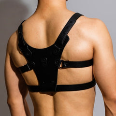 sexy gay man in Black Faux Leather Fetish Harness | Gay Harness- pridevoyageshop.com - gay men’s harness, lingerie and fetish wear