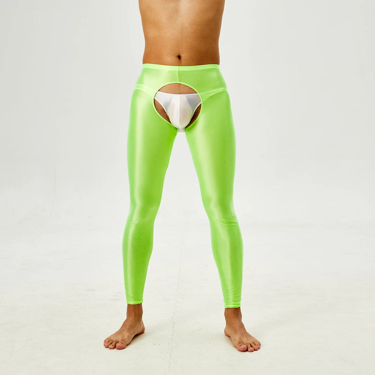 Tap Here Wet-Look Crotchless Leggings for Gay Men