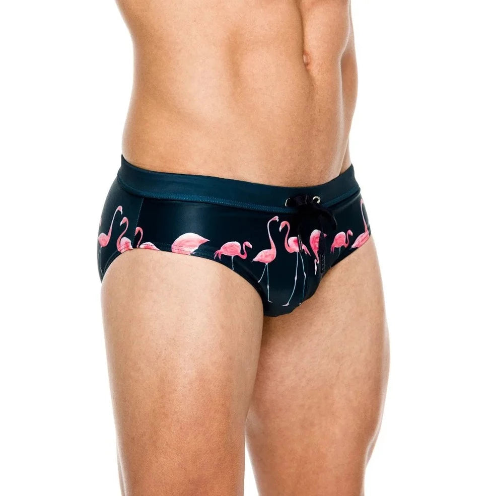 a hot gay man in dark blue Men's Flamingo Swim Briefs - pridevoyageshop.com - gay men’s underwear and swimwear