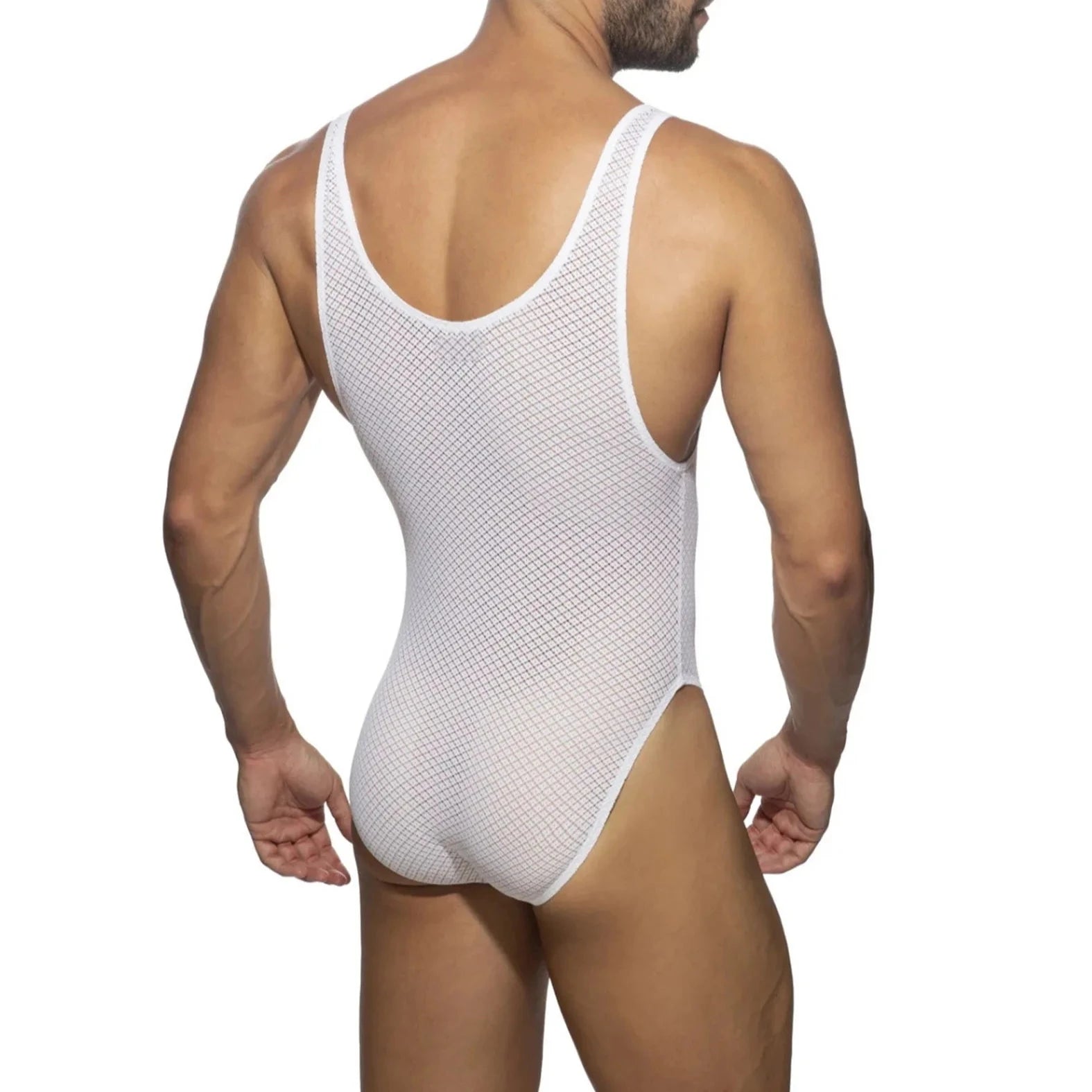 a hot gay man in white diamond B Primal Lace Thong Bodysuit - Men's Singlets, Bodysuits, Leotard & Unitard - pridevoyageshop.com