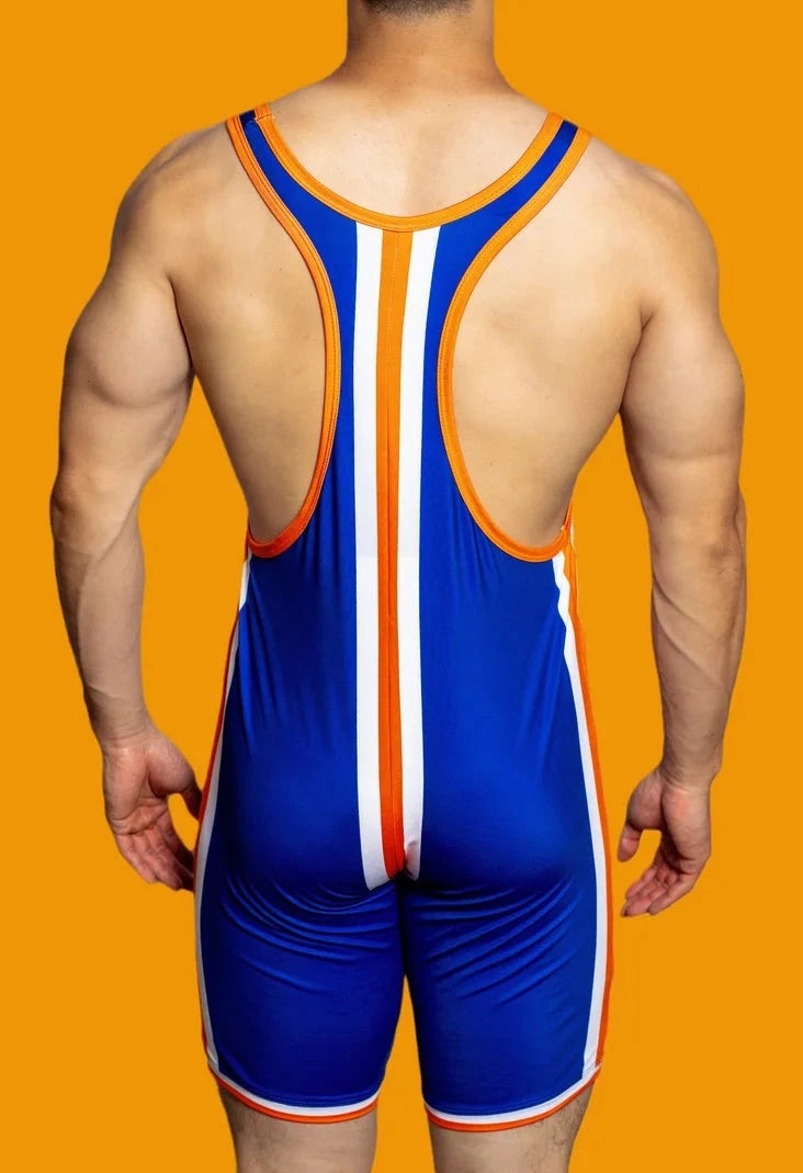 a hot gay man in blue DM Striped Wrestling Singlet - Men's Singlets, Bodysuits, Rompers & Jumpsuits - pridevoyageshop.com