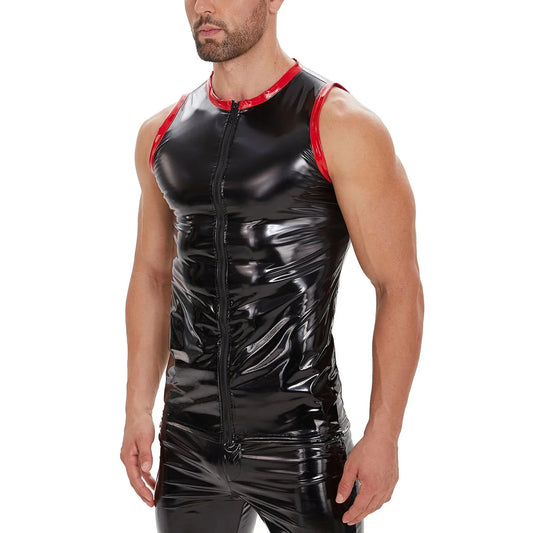a sexy gay man in Men's Shiny PU Leather Black Star Tank Top - pridevoyageshop.com - gay costumes, men role play outfits, gay party costumes and gay rave outfits