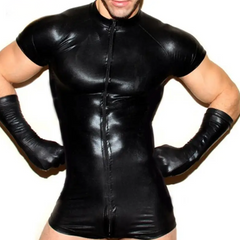 a sexy man in Side Show Black Short Sleeve Zipper Singlet - Men's Singlets, Bodysuits, Rompers & Jumpsuits - pridevoyageshop.com