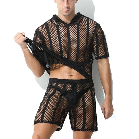 a hot gay man in black Men's Striped Hoodie Mesh Suit - pridevoyageshop.com - gay men’s underwear and swimwear
