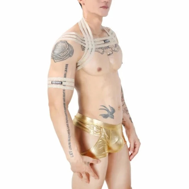 gold Men's Waterfall Harness & Metallic Jock Briefs - pridevoyageshop.com - gay men’s underwear and swimwear