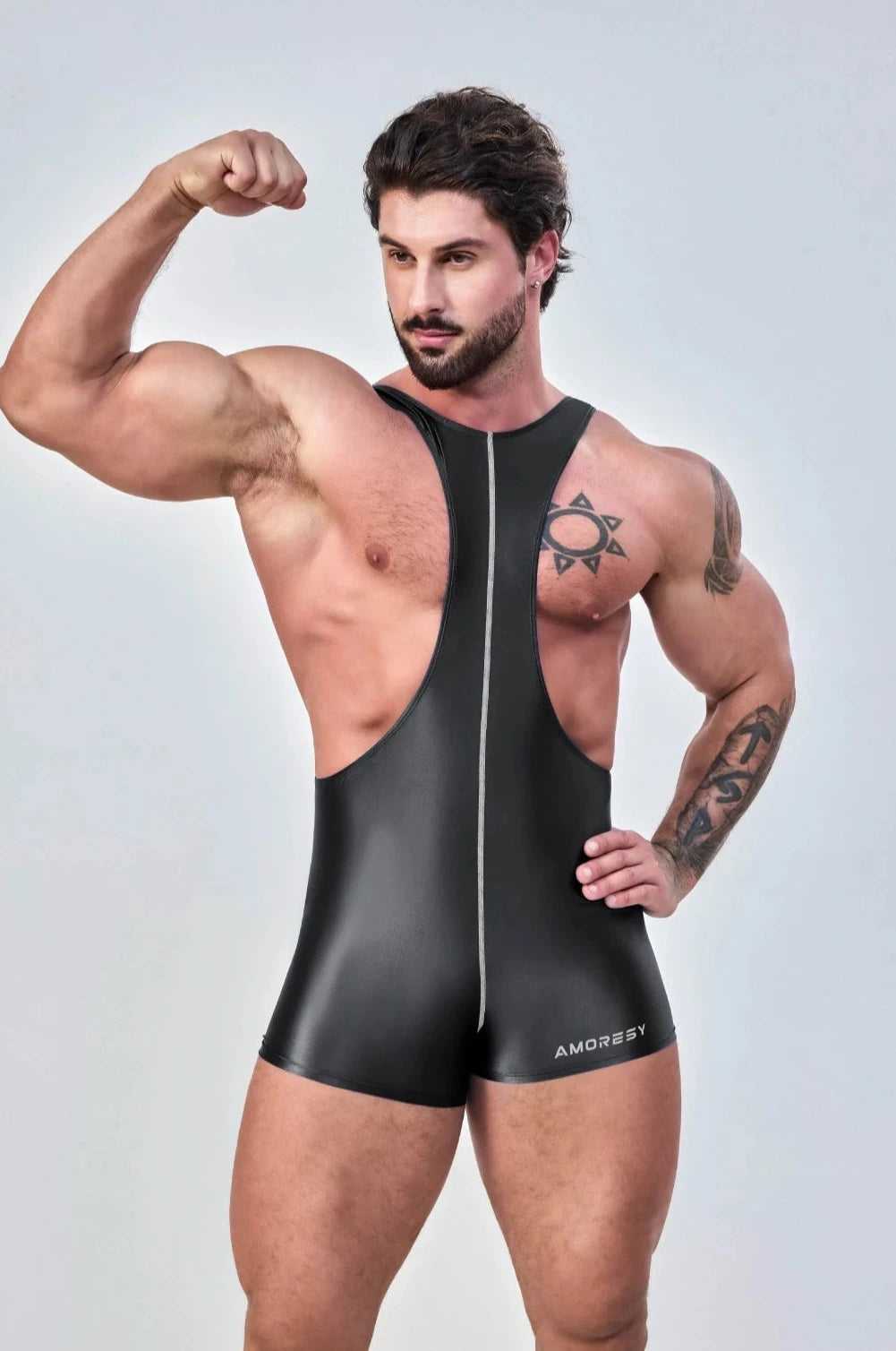 a sexy gay man in Ark grey Glossy Bodybuilder Singlets - Men's Singlets, Bodysuits, Rompers & Jumpsuits - pridevoyageshop.com