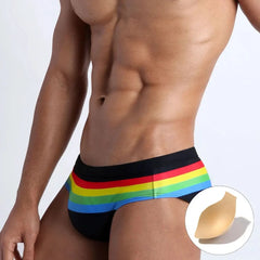 a hot gay man in black Men's Pride Ringaround Rainbow Swim Briefs - pridevoyageshop.com - gay men’s underwear and swimwear