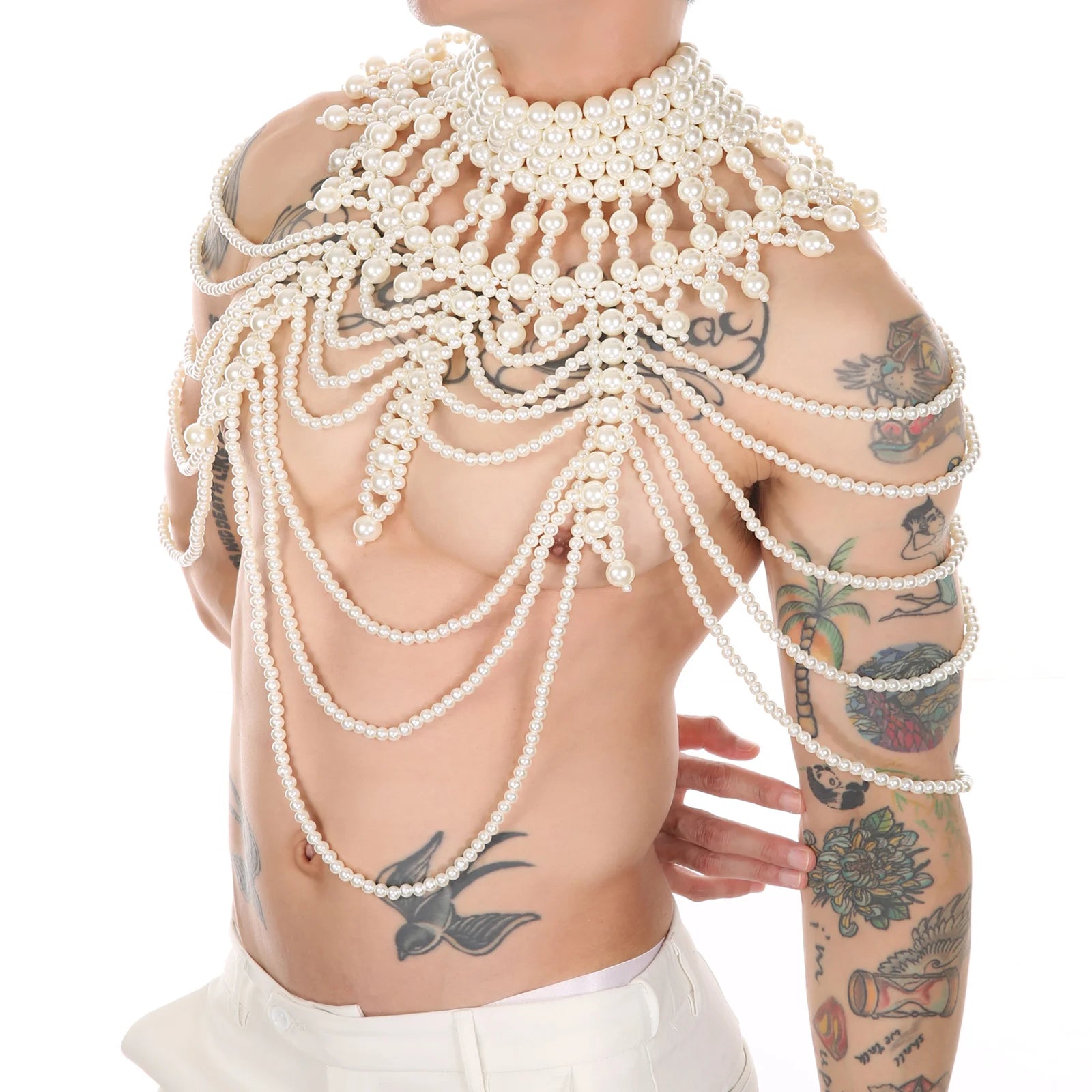 a hot man in white Regal Pearl Body Jewelry Harness- pridevoyageshop.com - gay men’s harness, lingerie and fetish wear