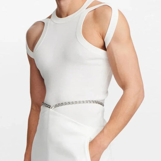 a sexy gay man in white Men's Chic Strap Tank - pridevoyageshop.com - gay crop tops, gay casual clothes and gay clothes store