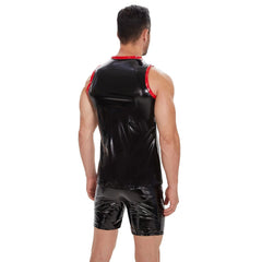 a sexy gay man in Men's Shiny PU Leather Black Star Tank Top - pridevoyageshop.com - gay costumes, men role play outfits, gay party costumes and gay rave outfits