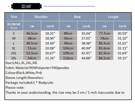 Size chart of Night Shift Keyhole Halter Bodysuit flat lay with halter neckline and front keyhole cut-out – pridevoyageshop.com – gay men’s harness, lingerie and fetish wear