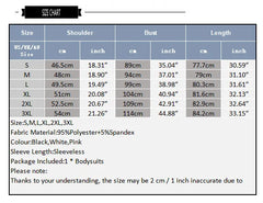 Size chart of Night Shift Keyhole Halter Bodysuit flat lay with halter neckline and front keyhole cut-out – pridevoyageshop.com – gay men’s harness, lingerie and fetish wear