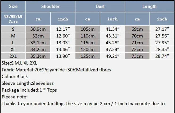 Size chart of details of Men’s Halo Circuit Sparkle Mesh Tank - pridevoyageshop.com - gay men’s harness, lingerie and fetish wear