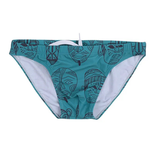 Teal Totem Men’s Poolside Rites Swim Briefs - pridevoyageshop.com - gay men’s sexy swim briefs, trunks, board shorts, and bikinis