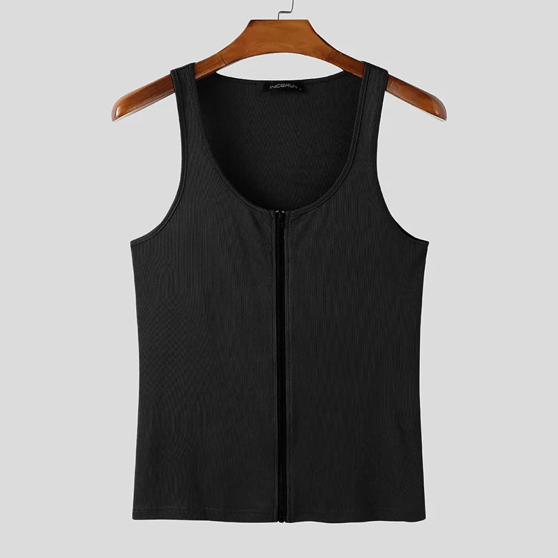 The Big Reveal Zip Tank in Black laid flat showing zip front structure and stretch athletic fabric pridevoyageshopcom gay mens gym tank tops mesh tank tops activewear club tops fashion tops