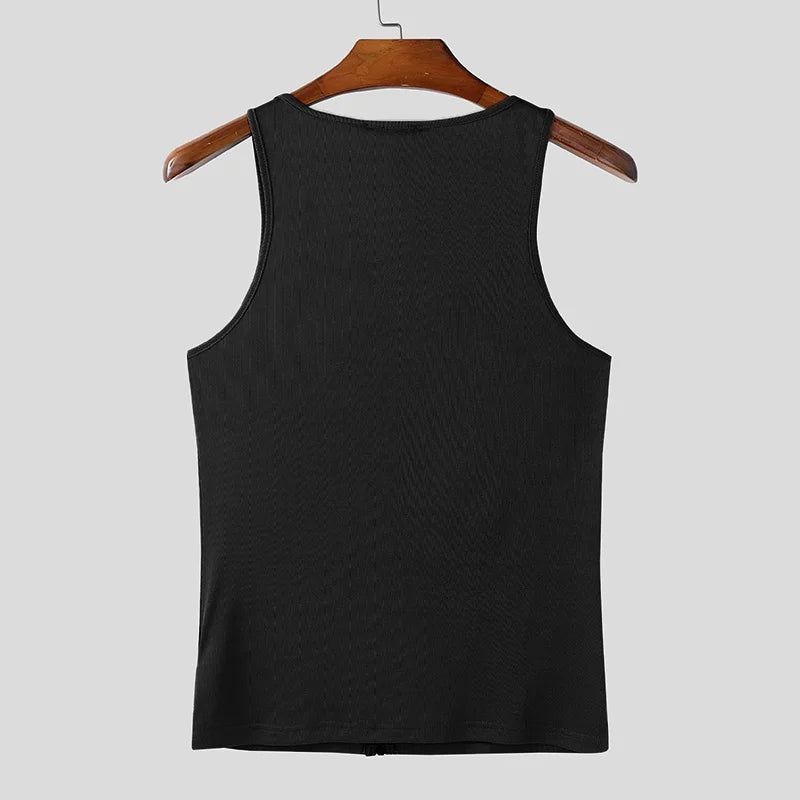 The Big Reveal Zip Tank in Black laid flat showing zip front structure and stretch athletic fabric pridevoyageshopcom gay mens gym tank tops mesh tank tops activewear club tops fashion tops
