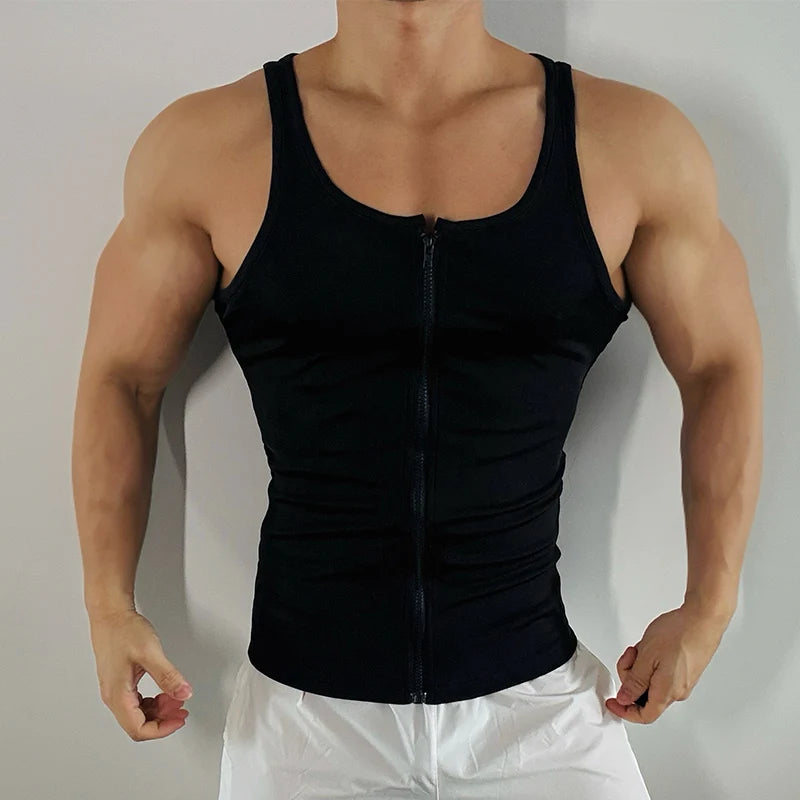The Big Reveal Zip Tank in Black on model showing fitted zip front athletic cut and breathable mesh pridevoyageshopcom gay mens gym tank tops mesh tank tops activewear club tops fashion tops