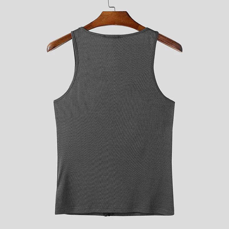 The Big Reveal Zip Tank in Gray laid flat showing zip front structure and stretch athletic fabric pridevoyageshopcom gay mens gym tank tops mesh tank tops activewear club tops fashion tops