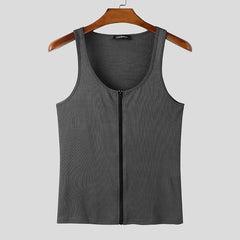 The Big Reveal Zip Tank in Gray laid flat showing zip front structure and stretch athletic fabric pridevoyageshopcom gay mens gym tank tops mesh tank tops activewear club tops fashion tops