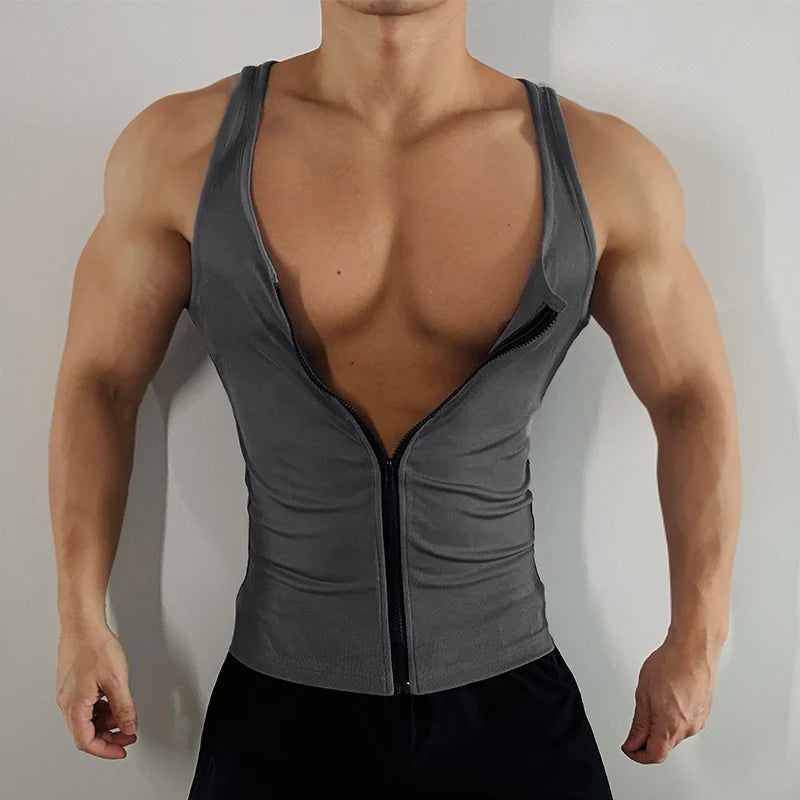 The Big Reveal Zip Tank in Gray on model showing fitted zip front athletic cut and breathable mesh pridevoyageshopcom gay mens gym tank tops mesh tank tops activewear club tops fashion tops