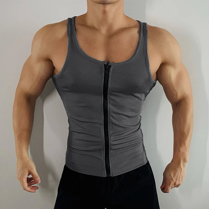 The Big Reveal Zip Tank in Gray on model showing fitted zip front athletic cut and breathable mesh pridevoyageshopcom gay mens gym tank tops mesh tank tops activewear club tops fashion tops