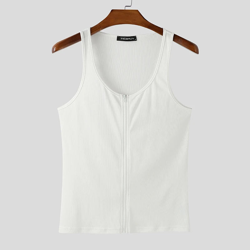 The Big Reveal Zip Tank in White laid flat showing zip front structure and stretch athletic fabric pridevoyageshopcom gay mens gym tank tops mesh tank tops activewear club tops fashion tops