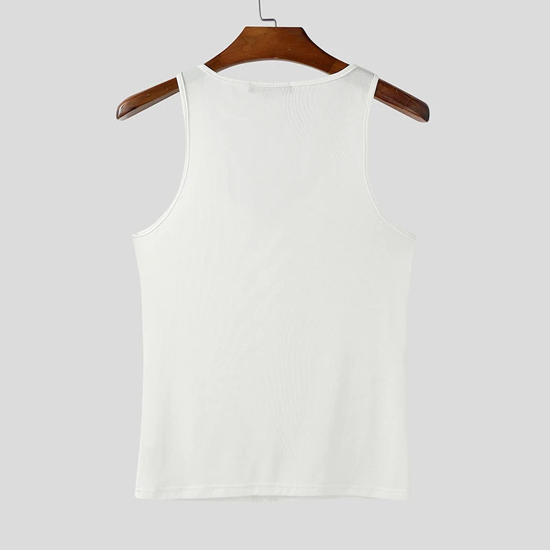 The Big Reveal Zip Tank in White laid flat showing zip front structure and stretch athletic fabric pridevoyageshopcom gay mens gym tank tops mesh tank tops activewear club tops fashion tops