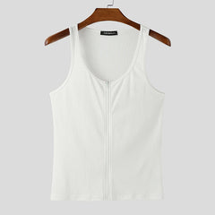 The Big Reveal Zip Tank in White laid flat showing zip front structure and stretch athletic fabric pridevoyageshopcom gay mens gym tank tops mesh tank tops activewear club tops fashion tops