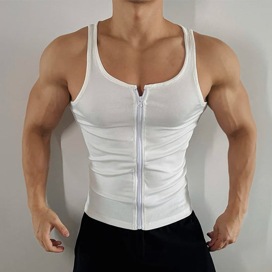 The Big Reveal Zip Tank in White on model showing fitted zip front athletic cut and breathable mesh pridevoyageshopcom gay mens gym tank tops mesh tank tops activewear club tops fashion tops