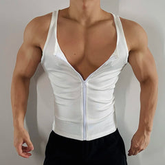 The Big Reveal Zip Tank in White on model showing fitted zip front athletic cut and breathable mesh pridevoyageshopcom gay mens gym tank tops mesh tank tops activewear club tops fashion tops