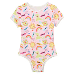 Twink Bliss Daddy’s Boy Printed Onesie flat lay, pastel playful print, cute baby aesthetic, tight soft stretch fabric – pridevoyageshop.com – gay men’s harness, lingerie and fetish wear