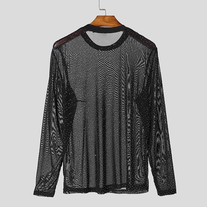 Twinkle Twunk Mesh Long Sleeve Black color sheer sparkle mesh long sleeve top displayed flat pridevoyageshopcom gay mens gym tank tops mesh tank tops clubwear fashion tops and activewear