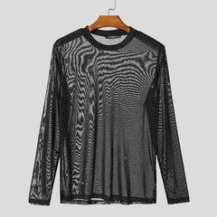 Twinkle Twunk Mesh Long Sleeve Black color sheer sparkle mesh long sleeve top displayed flat pridevoyageshopcom gay mens gym tank tops mesh tank tops clubwear fashion tops and activewear