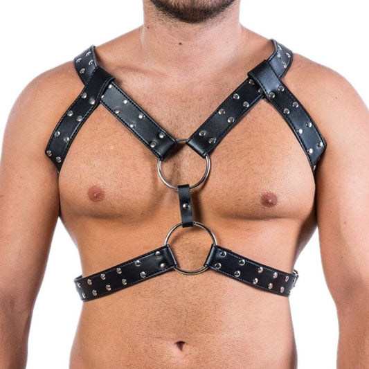 front of Y-Studded Male Leather Harness: Sexy Clubwear and Gay Lingerie- pridevoyageshop.com - gay men’s harness, lingerie and fetish wear