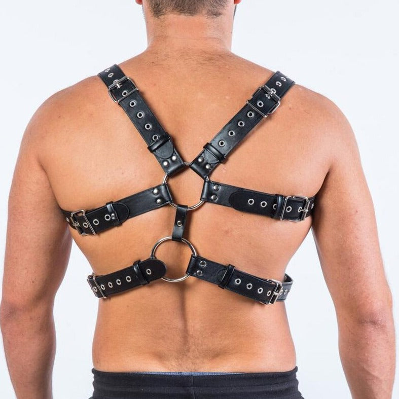 back of Y-Studded Male Leather Harness: Sexy Clubwear and Gay Lingerie- pridevoyageshop.com - gay men’s harness, lingerie and fetish wear