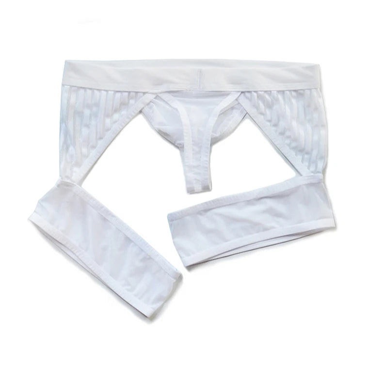 White DM Men’s Striped Garter Thong - pridevoyageshop.com - gay men’s thongs, boxers, briefs and jockstraps
